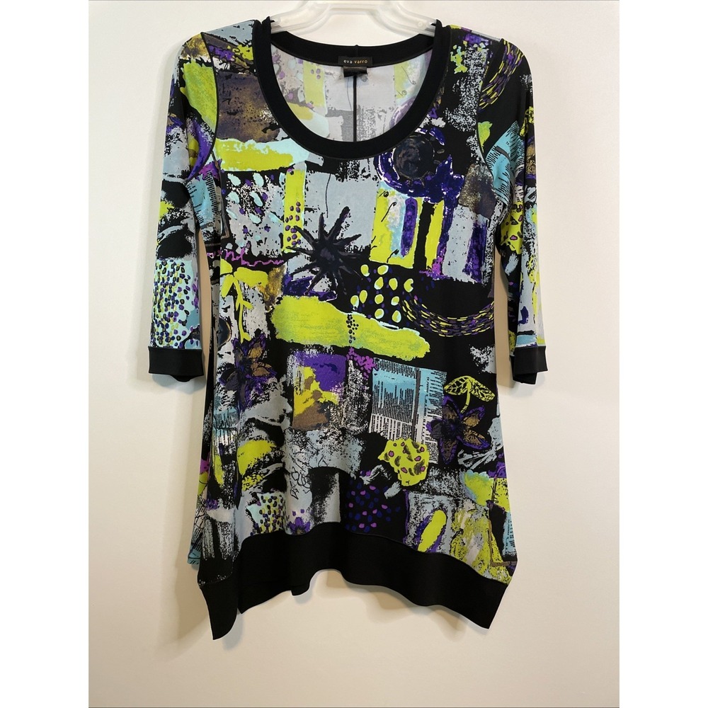 Eva Varro Top Large Multicolor Abstract Tunic 3/4 Sleeve Asymmetrical Hem